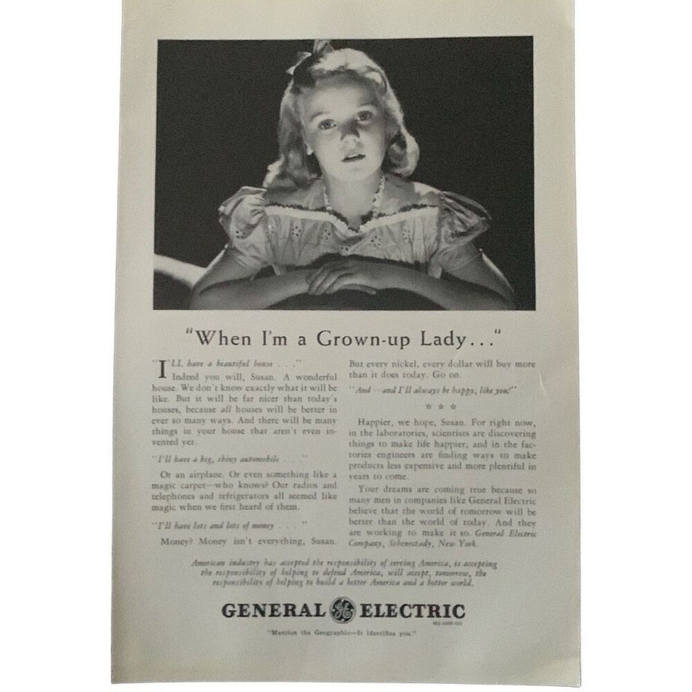 Vintage 1942 General Electric Grown Up Lady Ad Advertisement